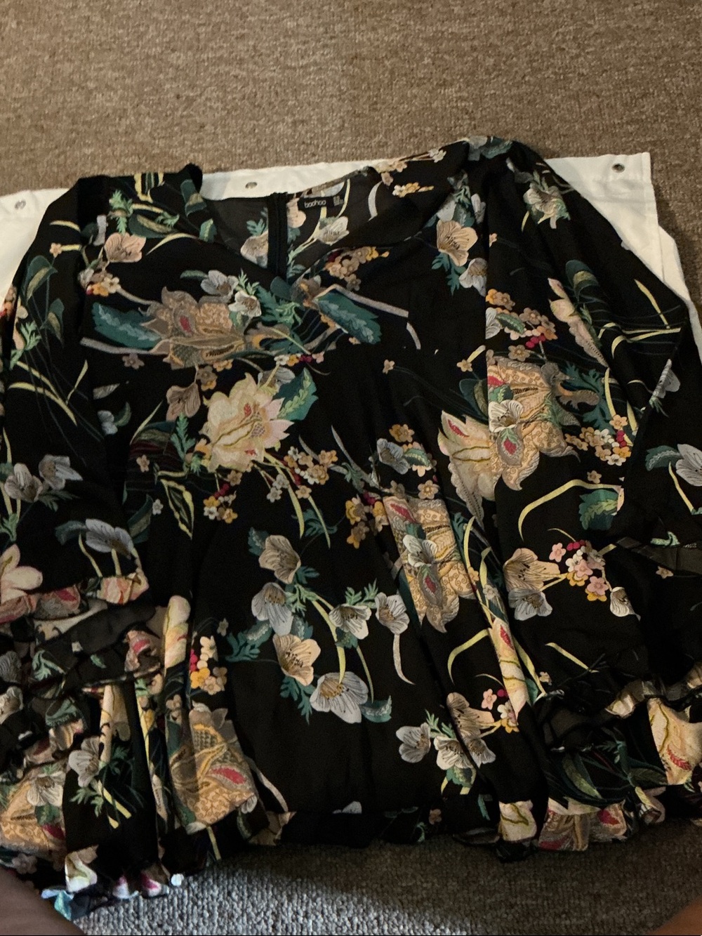 Boohoo Black Long Sleeve Floral Midi Dress with Angel Style Sleeves